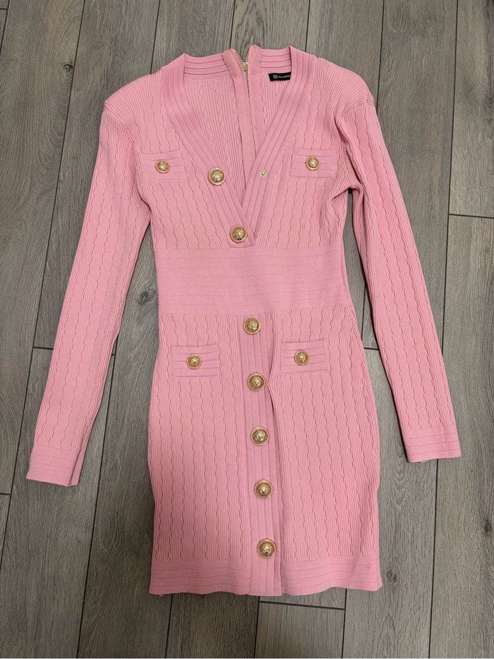 Structured Pink Long-Sleeve Button Front Knit Dress